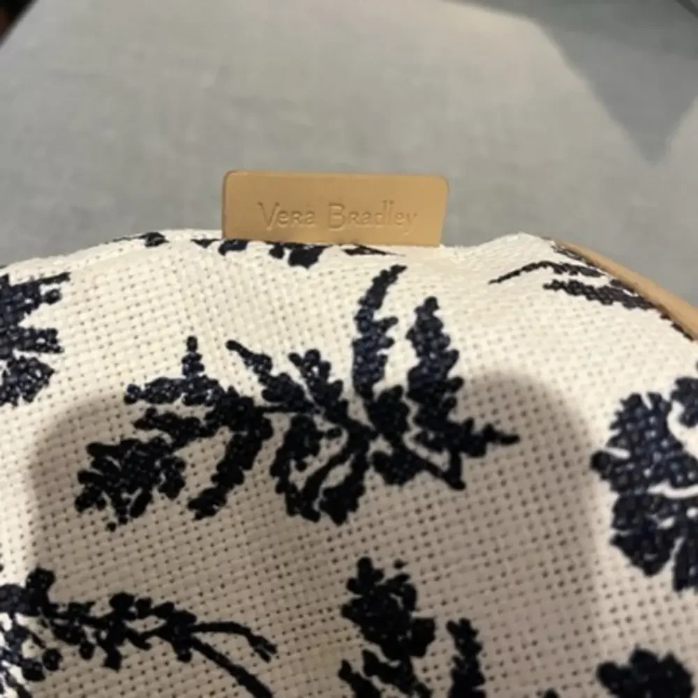 Vera Bradley Navy White Botanical Coral Woven Straw Hobo Bucket Bag Tan Trim EUC